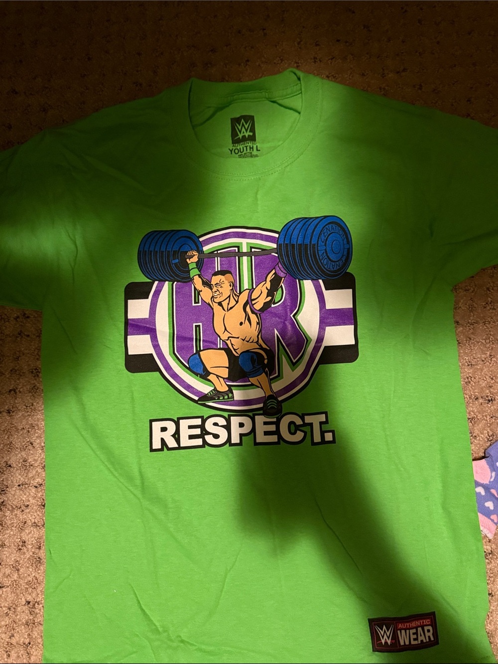 WWE Green 'Respect' Graphic Short Sleeve Tee with Weightlifter Art